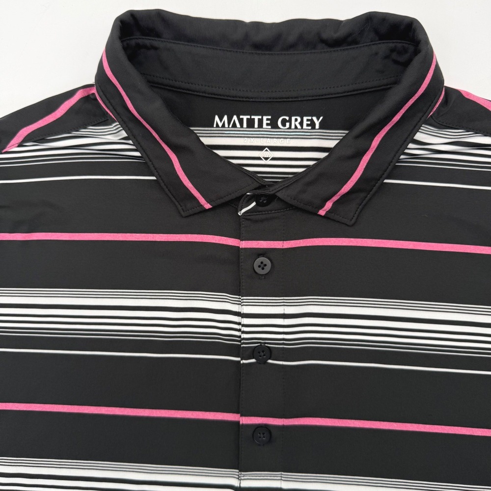 Matte Grey Polo Shirt Men 2XL Black Pink Striped Short Sleeve Performance Golf